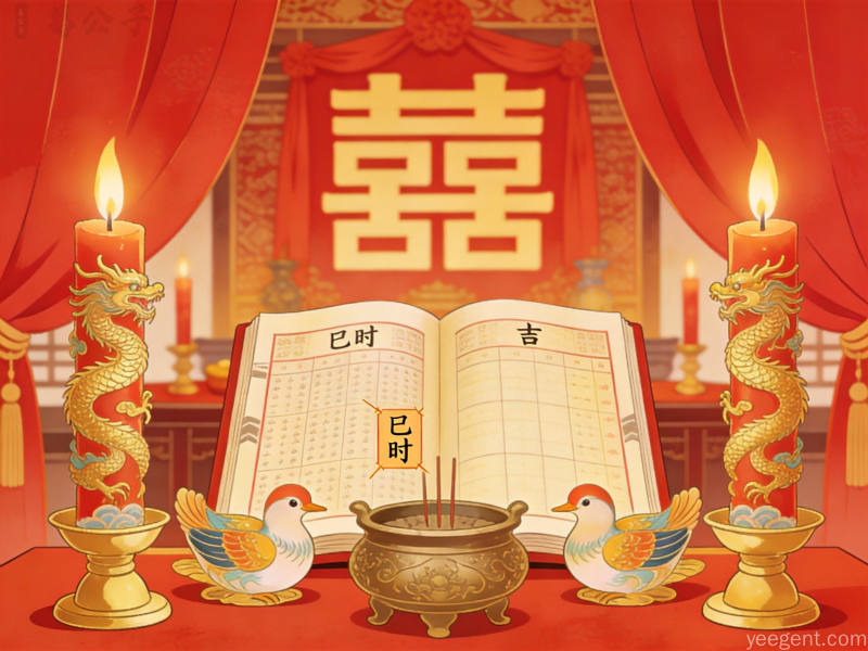 中式婚礼择时场景中的老黄历与龙凤烛