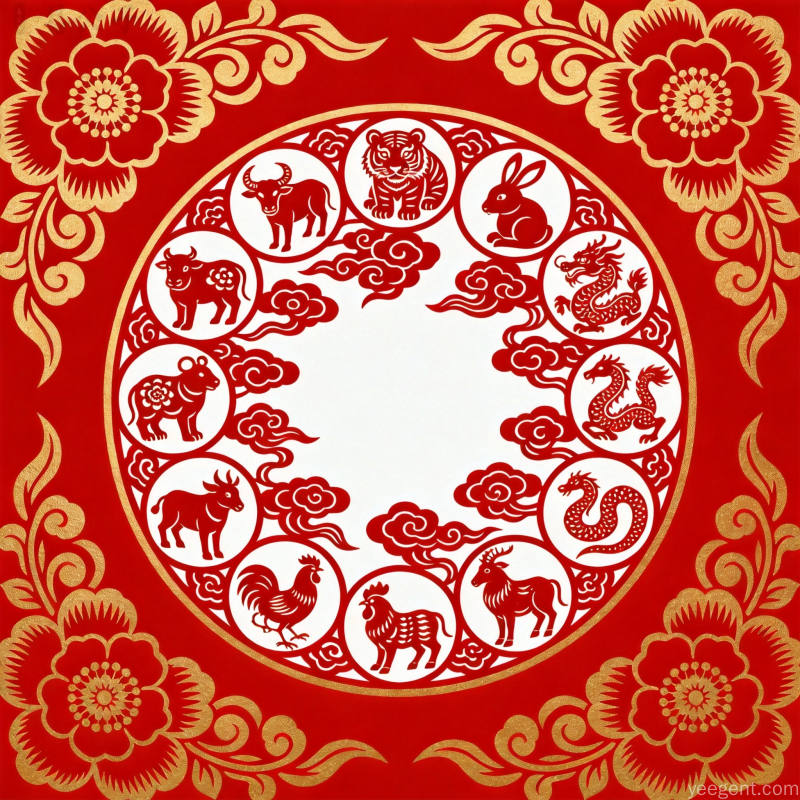 传统剪纸艺术风格十二生肖圆形排列搭配牡丹花