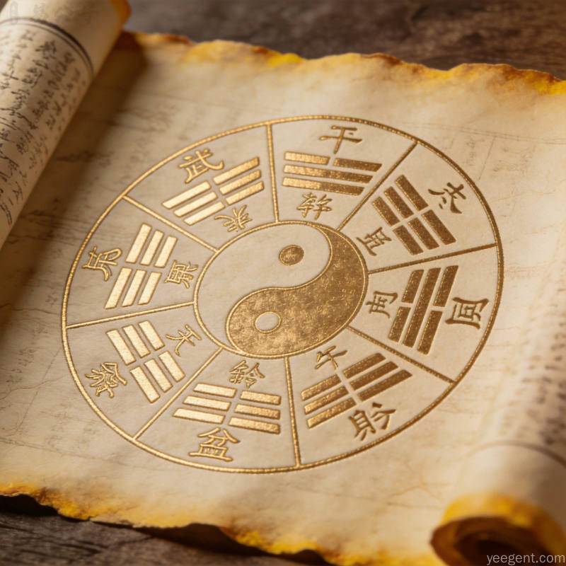 金色线条勾勒的天干地支命盘图案与古书卷轴