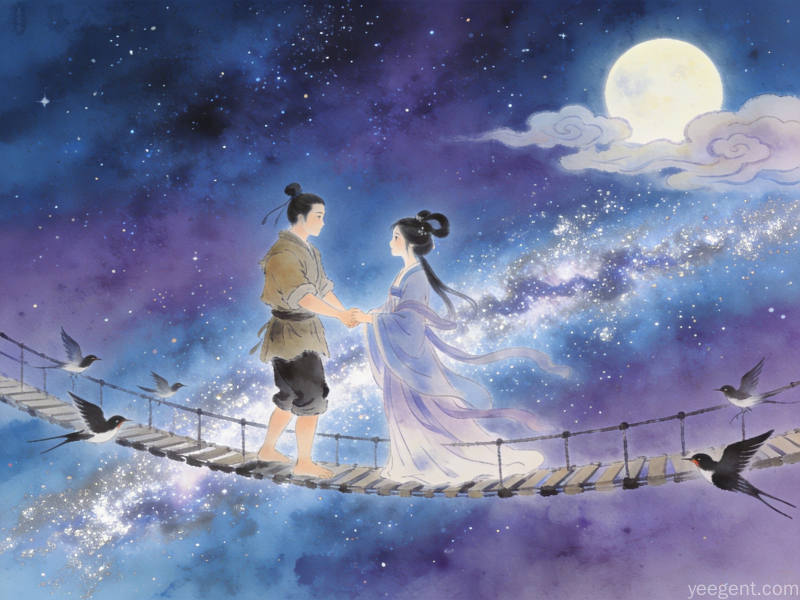 七夕节牛郎织女鹊桥相会的浪漫星空意境
