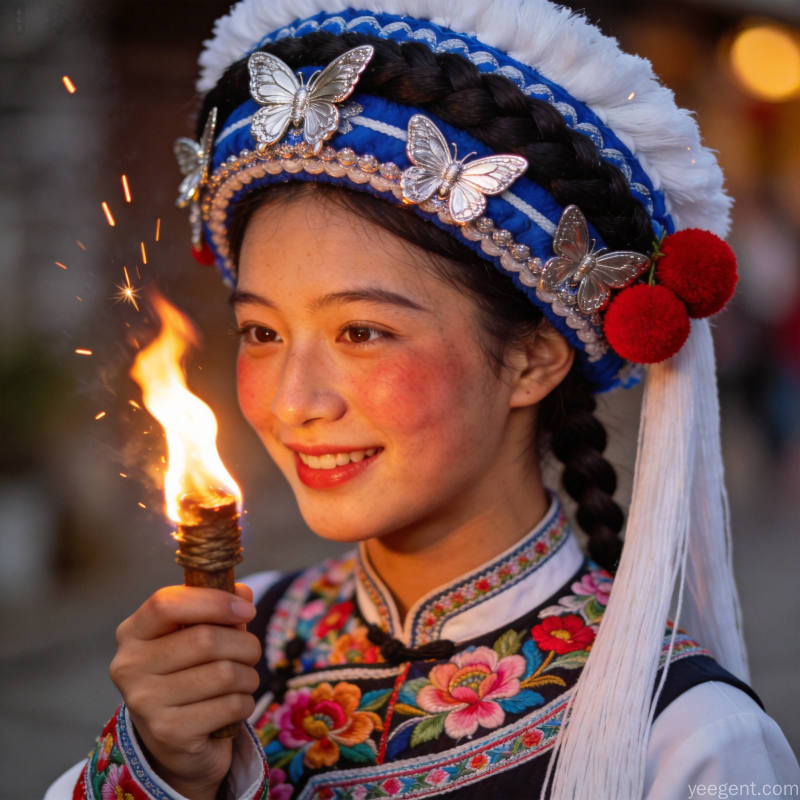 大理火把节白族少女手持火把巡游的人文特写