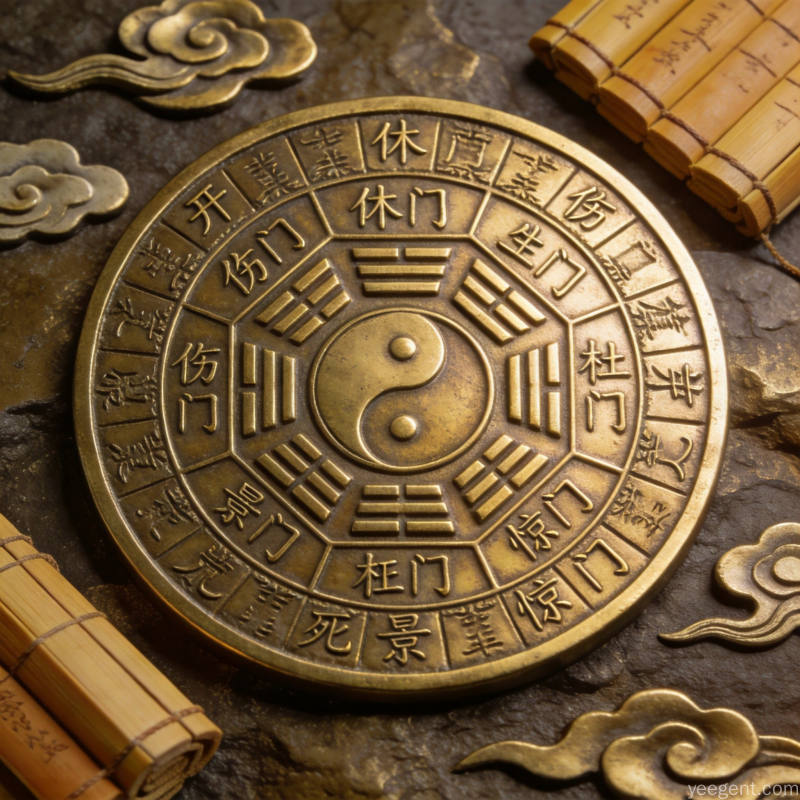 金石篆刻风格的古代奇门罗盘与八门方位艺术图
