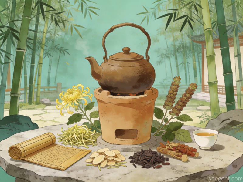 国潮插画风格的传统伏茶煮制与中草药养生场景