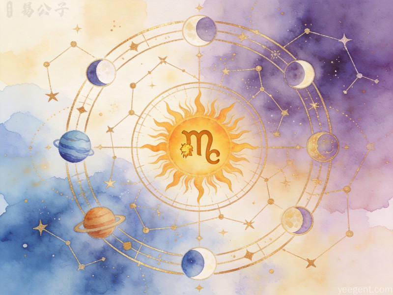 手绘水彩风格的星座星盘与行星运行轨道图