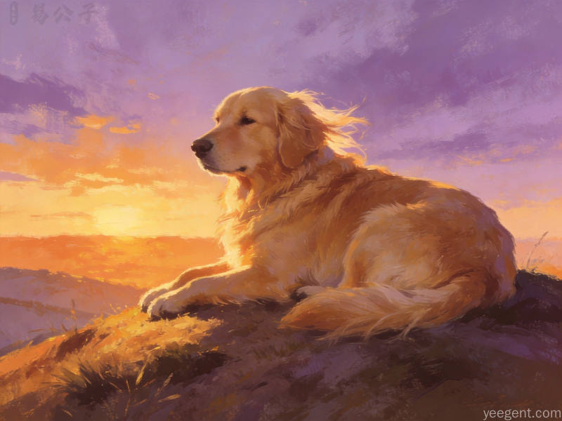 温暖色调金毛犬夕阳山丘守望田园风光数字绘画