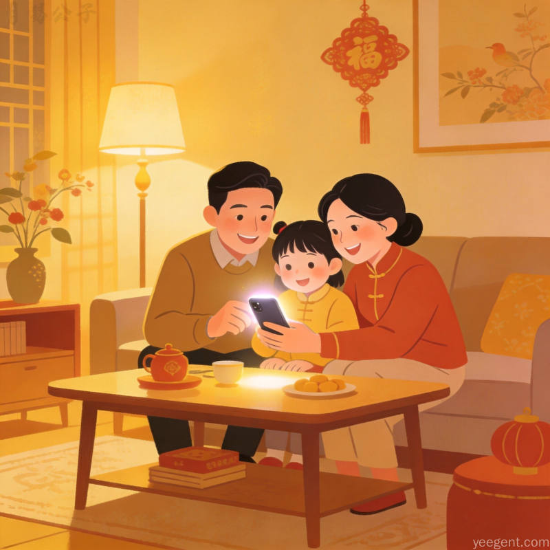 温馨家庭场景围坐查看手机取名方案的扁平插画