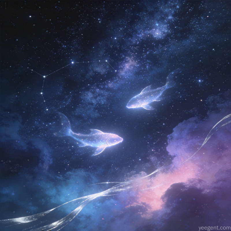 深蓝色调星空银河中两条鱼形光影在星云中游弋