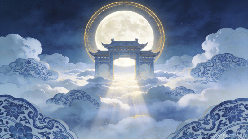 月朗天门意境图满月高悬于古典建筑之上