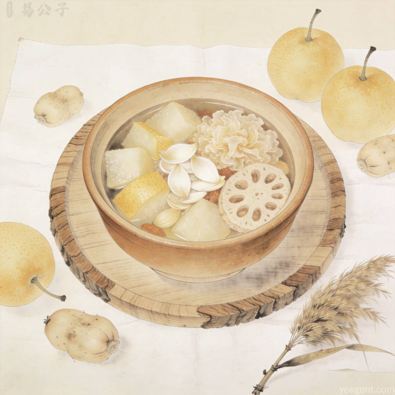 工笔画风格的秋季养生食材雪梨百合银耳搭配陶碗呈现温润古朴质感