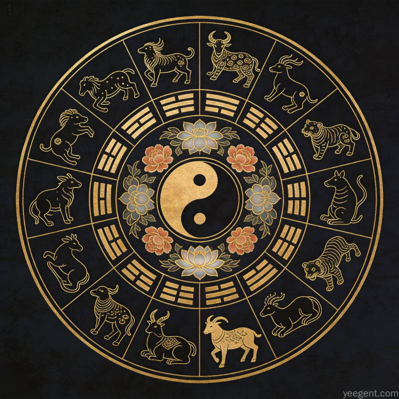 金线勾勒的十二生肖圆形图案与太极符号,传统民俗文化元素