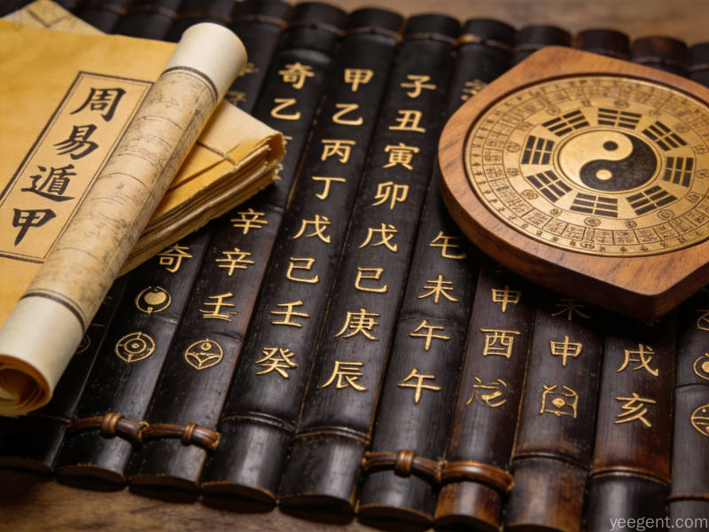 竹简篆刻风格的天干地支符号与罗盘,呈现传统解卦框架
