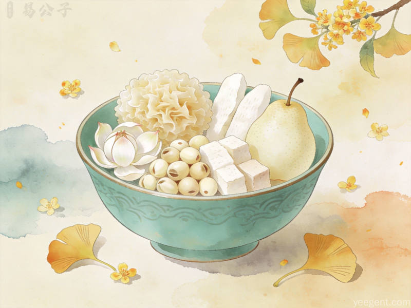 传统节气养生食材银耳百合莲子雪梨等白色润燥食材搭配桂花点缀