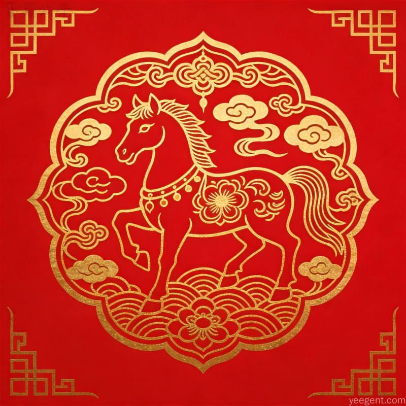金线勾勒的生肖马剪纸艺术图案,搭配祥云和如意纹饰,红色背景配金色线条,呈现中国传统民俗风格的喜庆画面