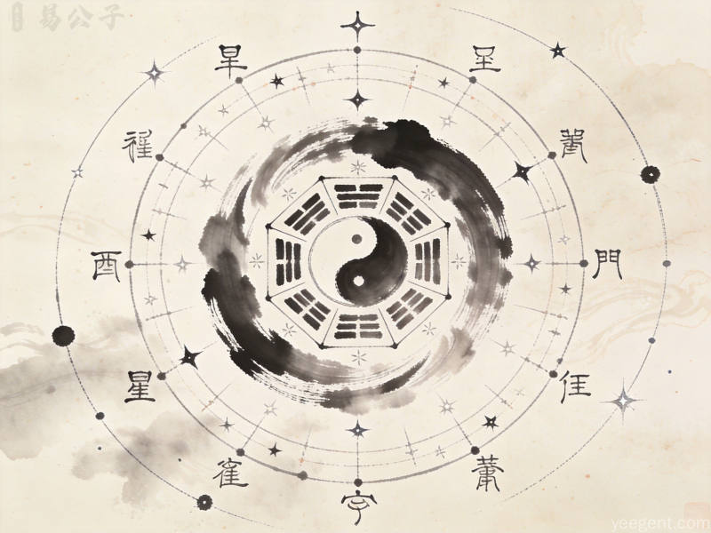 水墨风格的古代天文星图,中间旋转罗盘搭配天干地支符文和星辰轨迹,宣纸纹理背景