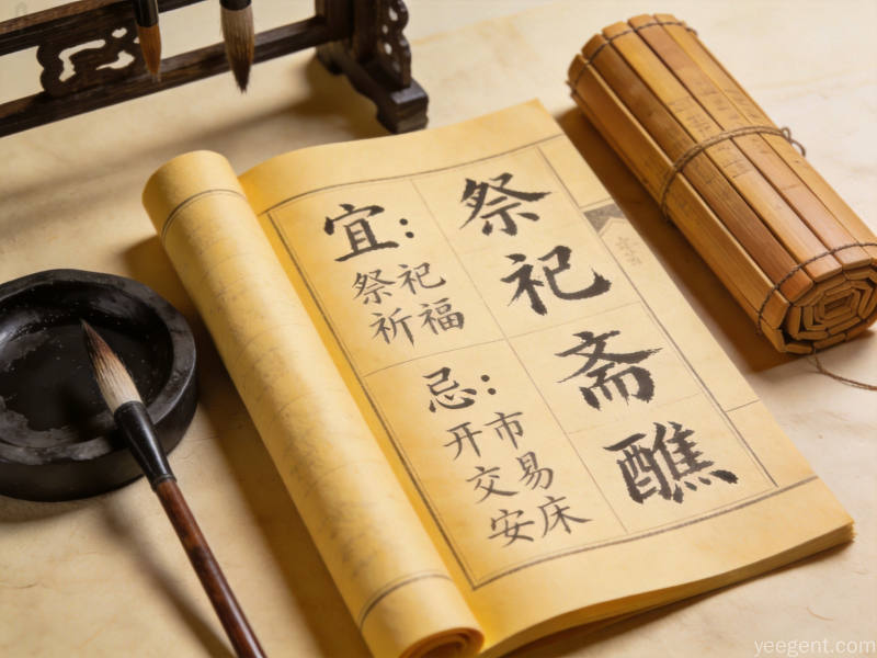 宣纸质感的传统黄历书页展开,旁边放着毛笔砚台和竹简,古纸色调书卷气息浓厚的静物画面