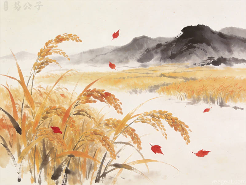 水墨留白风格的秋日丰收田园画卷,金黄稻穗随风轻摇,远山如黛,淡雅悠远的中国山水画风格