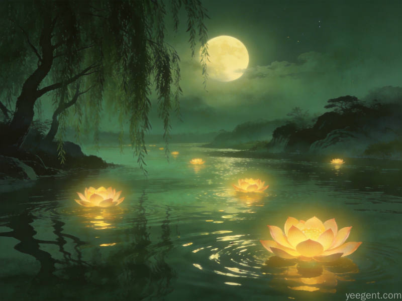 青绿山水风格的河灯漂流夜景,数盏荷花灯在河面缓缓飘动,月色朦胧,意境空灵的东方美学画面
