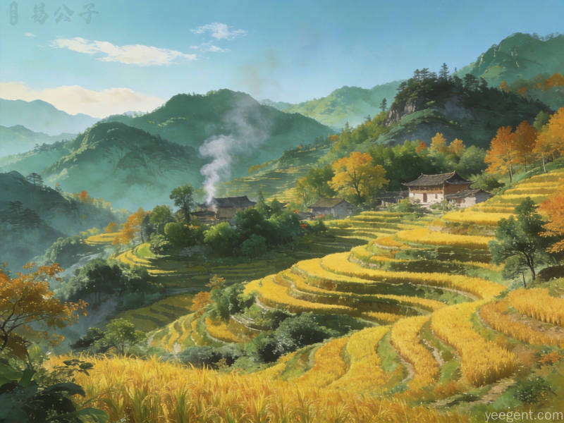 青绿山水风格秋日梯田金黄色稻田与翠绿树丛交错传达农耕丰收景象