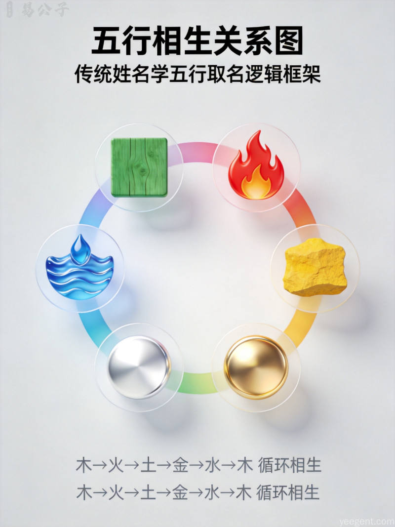 五行相生关系图以圆形排列木火土金水元素用对应色彩标识相生逻辑