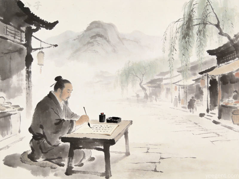 水墨画风格古代文人坐在案前挥毫书写,远处山峦朦胧柳树依依,意境悠远