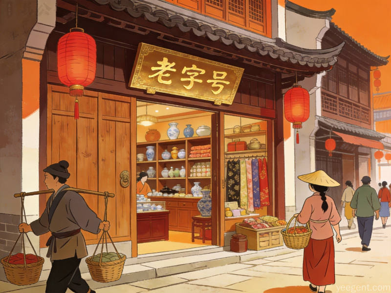 国潮风格传统商铺门面插画，木质门板搭配红色灯笼