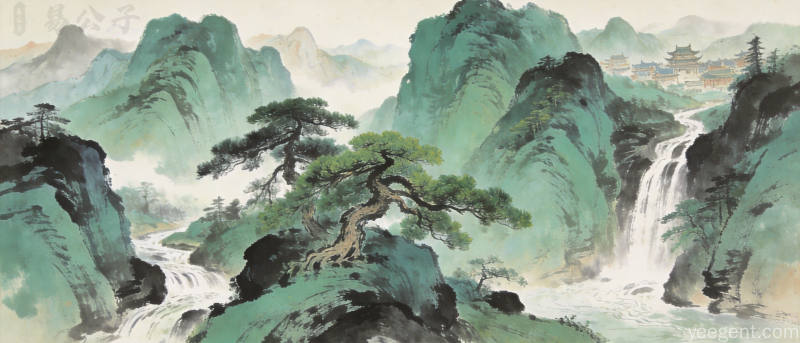 水墨风格古代山峦叠嶂全景,山间古松苍翠溪水潺潺,远处隐见古建筑群,大气磅礴
