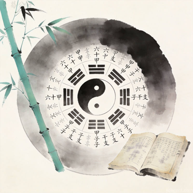 八卦太极图与六十甲子干支文字环绕排列，水墨渐变圆形构图配竹子古书元素，意境深邃