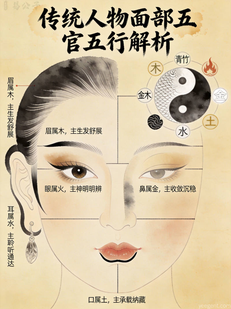 工笔画风格古代五官解析图搭配五行符号元素