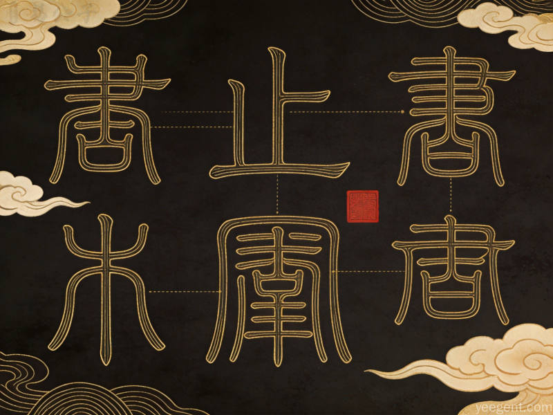金色线条勾勒汉字偏旁部首结构图,搭配祥云印章元素,古典精致平面风格