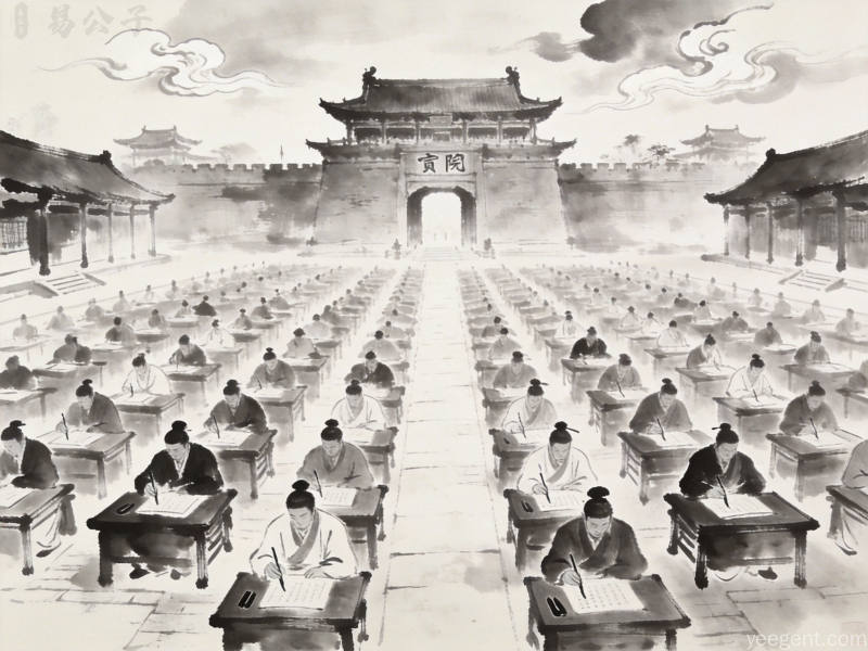 水墨风格古代科举考场场景,考生端坐号舍奋笔疾书