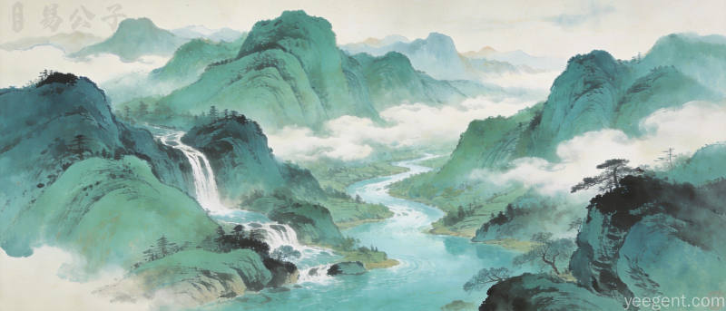 青绿山水画风格远山近水全景,山势环抱溪流蜿蜒,云雾缭绕意境开阔宁静