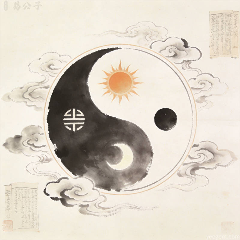 日月并明格局太极圆形水墨留白图案