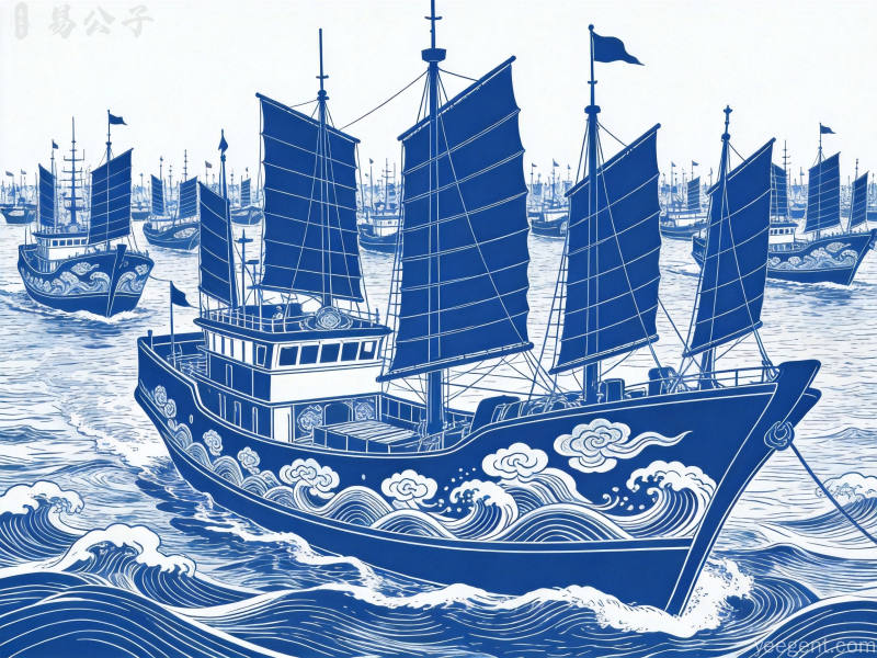 沿海渔港开渔节渔船扬帆出海线稿风格