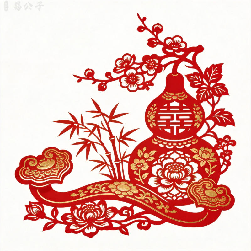 剪纸艺术风格葫芦如意造型辅以梅兰竹菊装饰元素