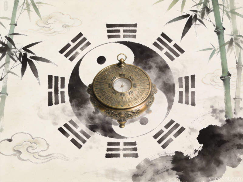 水墨风格的八卦太极图案配以翠竹祥云元素意境悠远