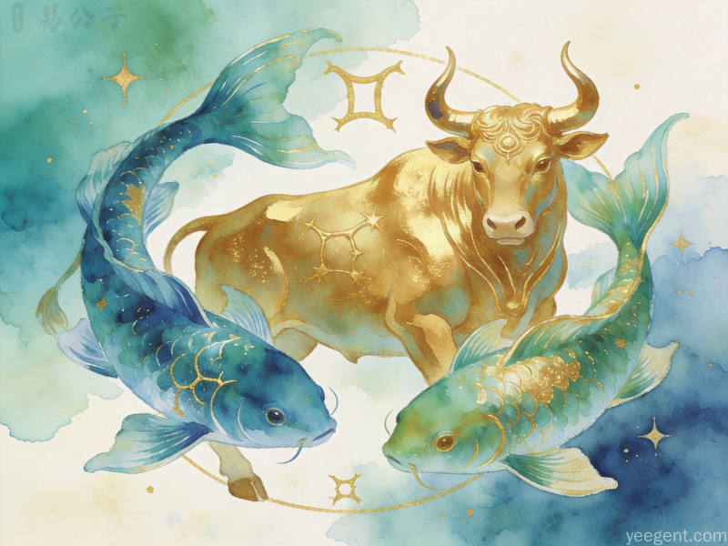 游鱼与金牛元素融合水彩风格星座配对