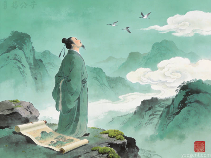 青绿山水风格古代文人山间观物意境空灵配以印章