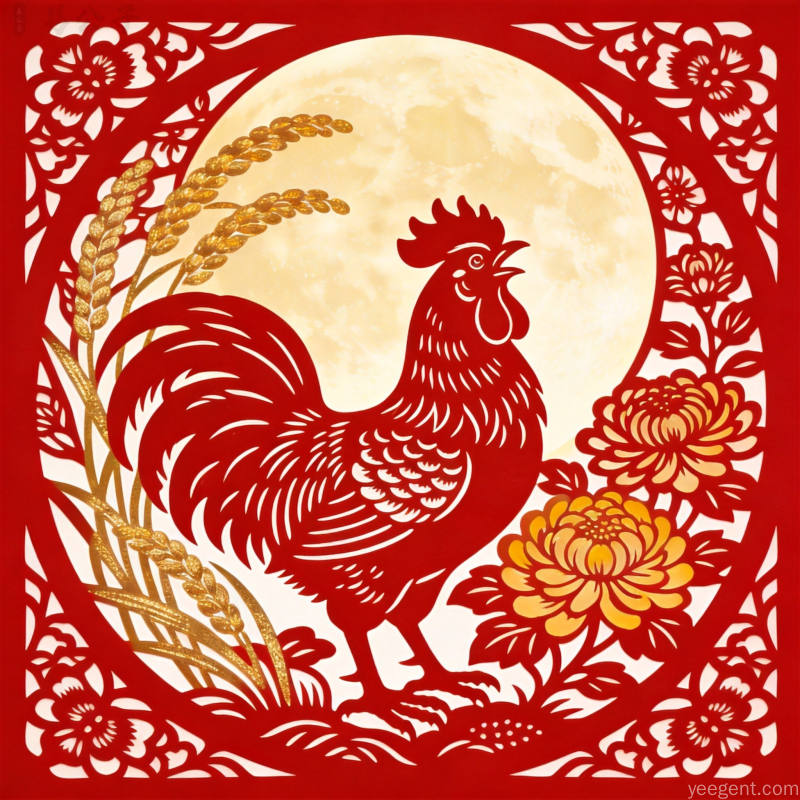 仲秋月色下公鸡报晓中国传统剪纸图案