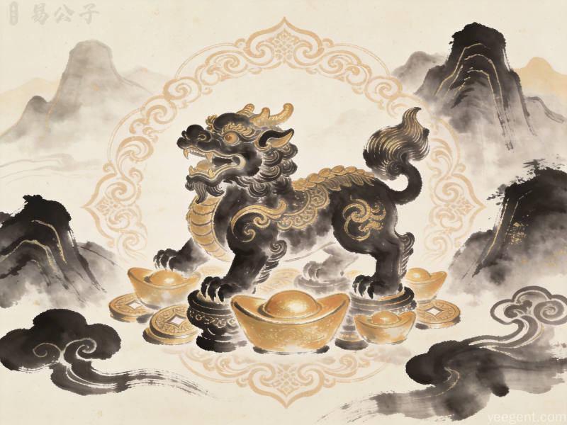 水墨写意风格貔貅摆件与传统元宝搭配山水轮廓