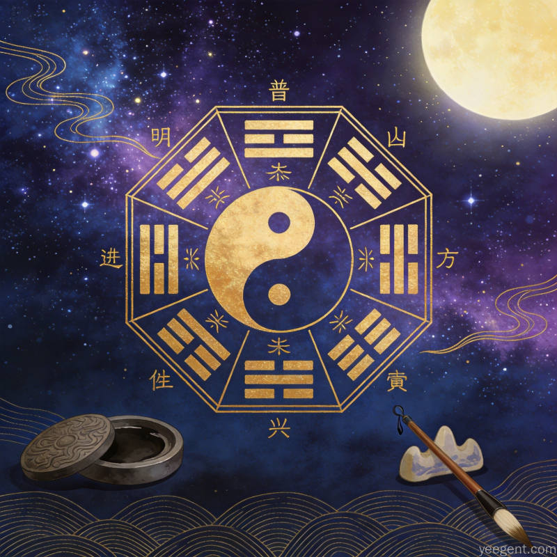 金线勾勒先天六十四卦方位图星河月光深蓝紫金色调