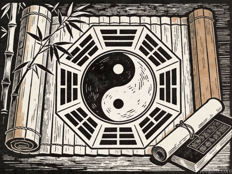 木刻版画风格八卦图与竹简组合竹子古书卷轴元素