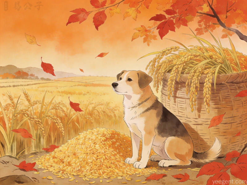 深秋田园忠犬守护丰收粮仓国潮插画