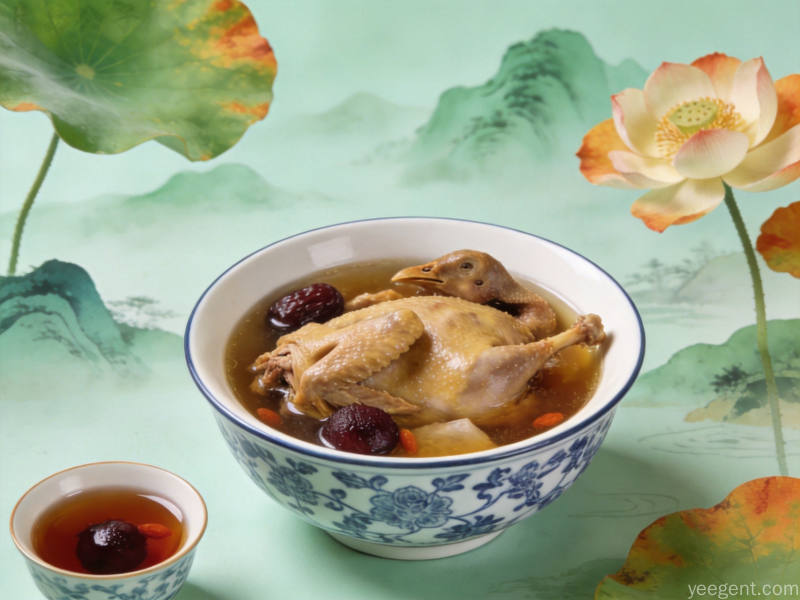 处暑节气传统饮食老鸭煲酸梅汤青绿山水风格