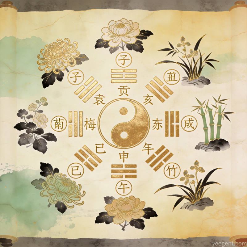 金线勾勒的地支六合图案，配以梅兰竹菊装饰元素，宣纸纹理背景，古朴典雅