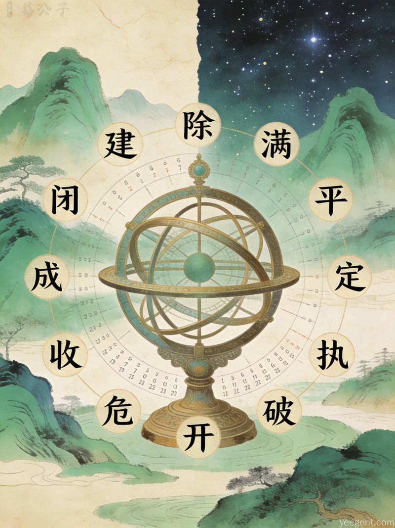 青绿山水风格的古代天文仪器与日历融合图,背景是山水和星空,意境悠远