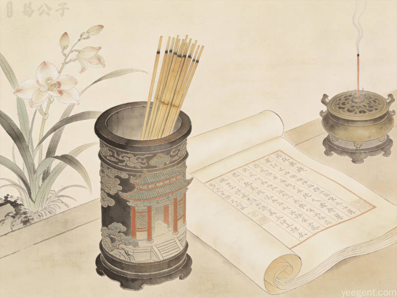 工笔画风格的古庙签筒特写,竹签微微露出,搭配兰花和香炉元素,淡雅色调