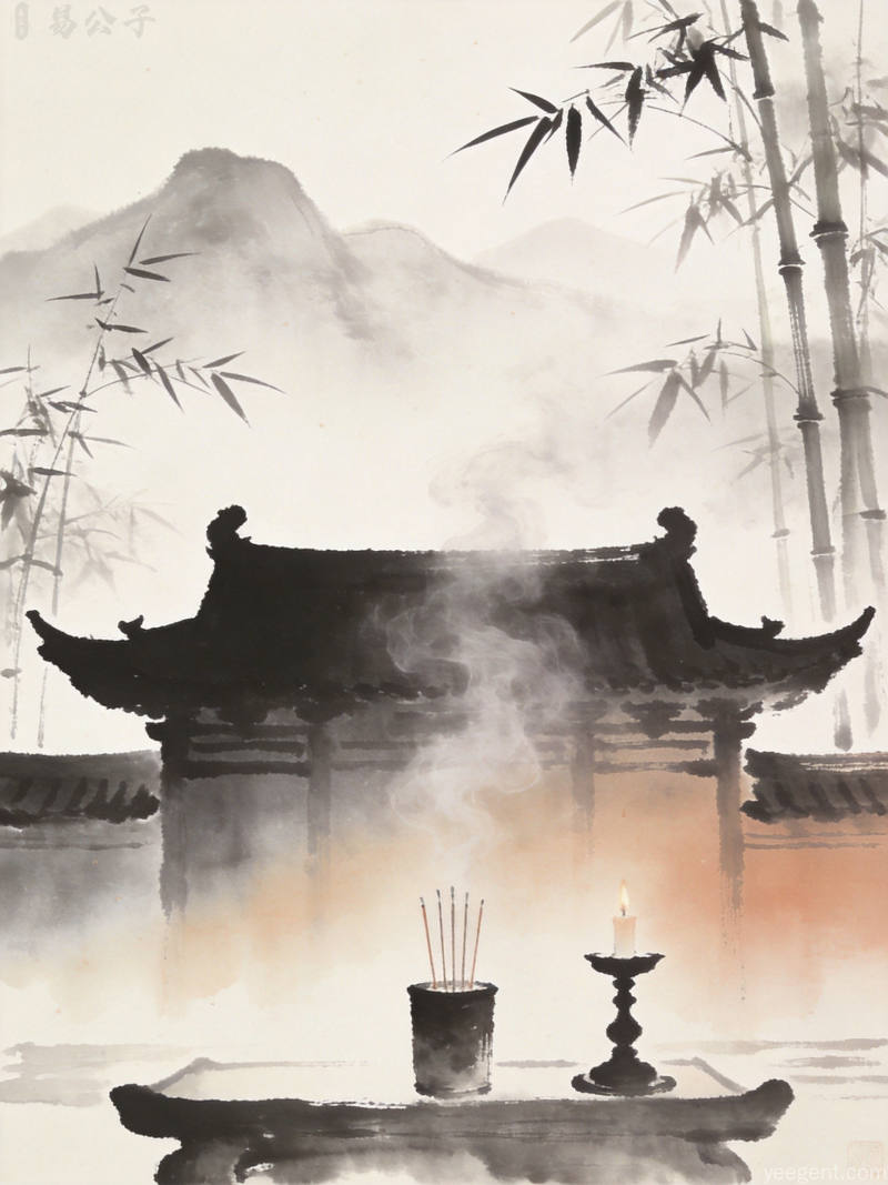 水墨渐变风格的传统寺庙飞檐建筑,烟雾缭绕中隐约可见签筒烛台,意境悠远
