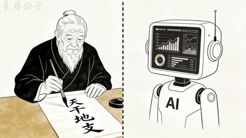 简约线条插画传统老者书写天干地支与AI数据分析对比
