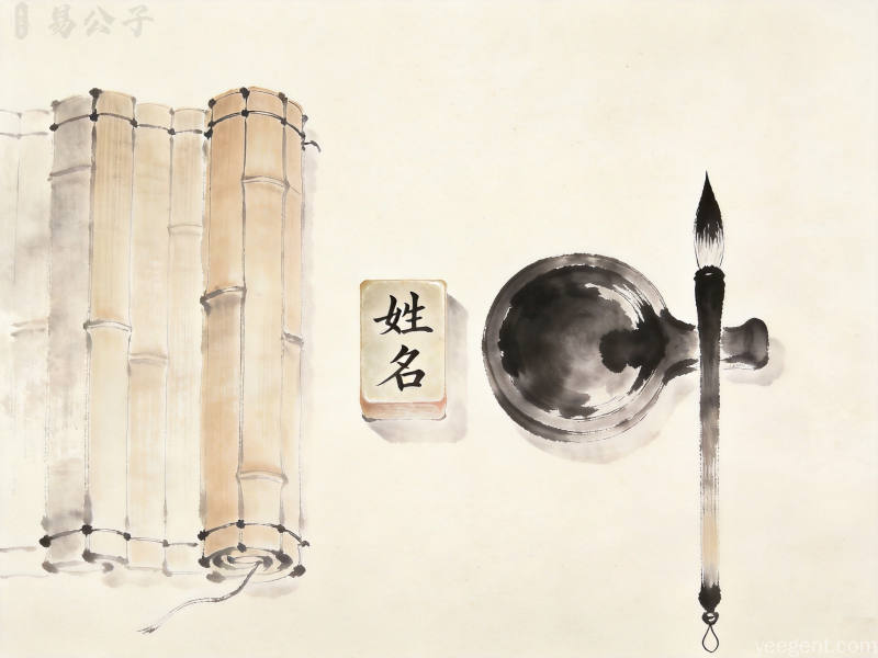 水墨留白风格竹简砚台旁放置刻字方印章展现文房取名文化意象