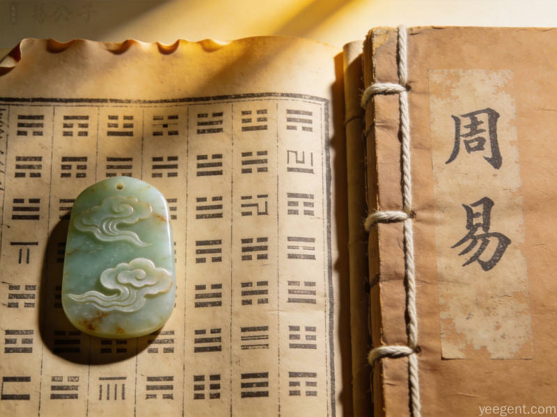 古籍书页风格展示六十四卦排列图旁有线装古书与玉佩